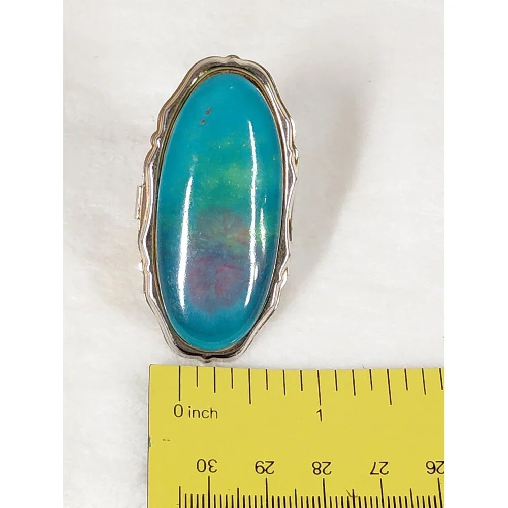 Vintage Silver Tone Faux Turquoise Compact Locket Ring Hidden Mirror Poison Boho